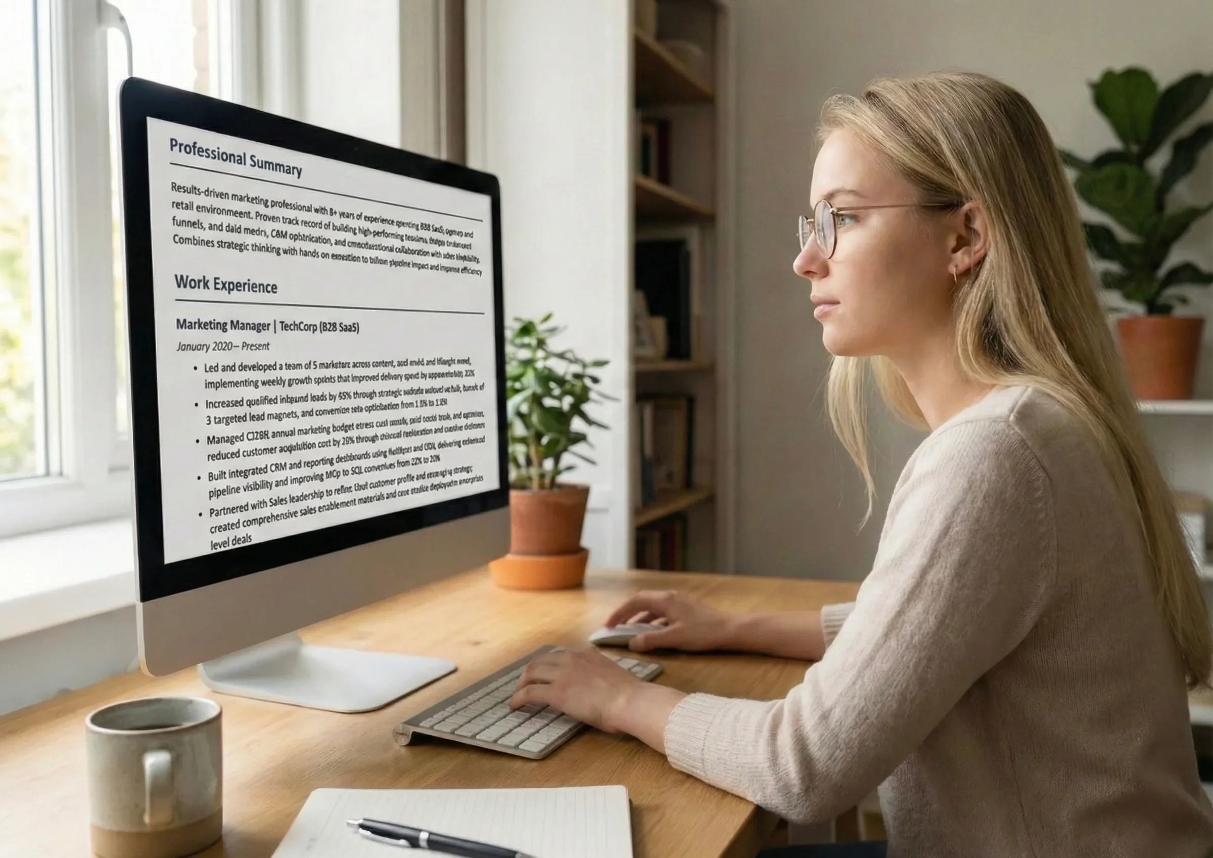 Build your free baseline CV — woman working at computer with CV on screen